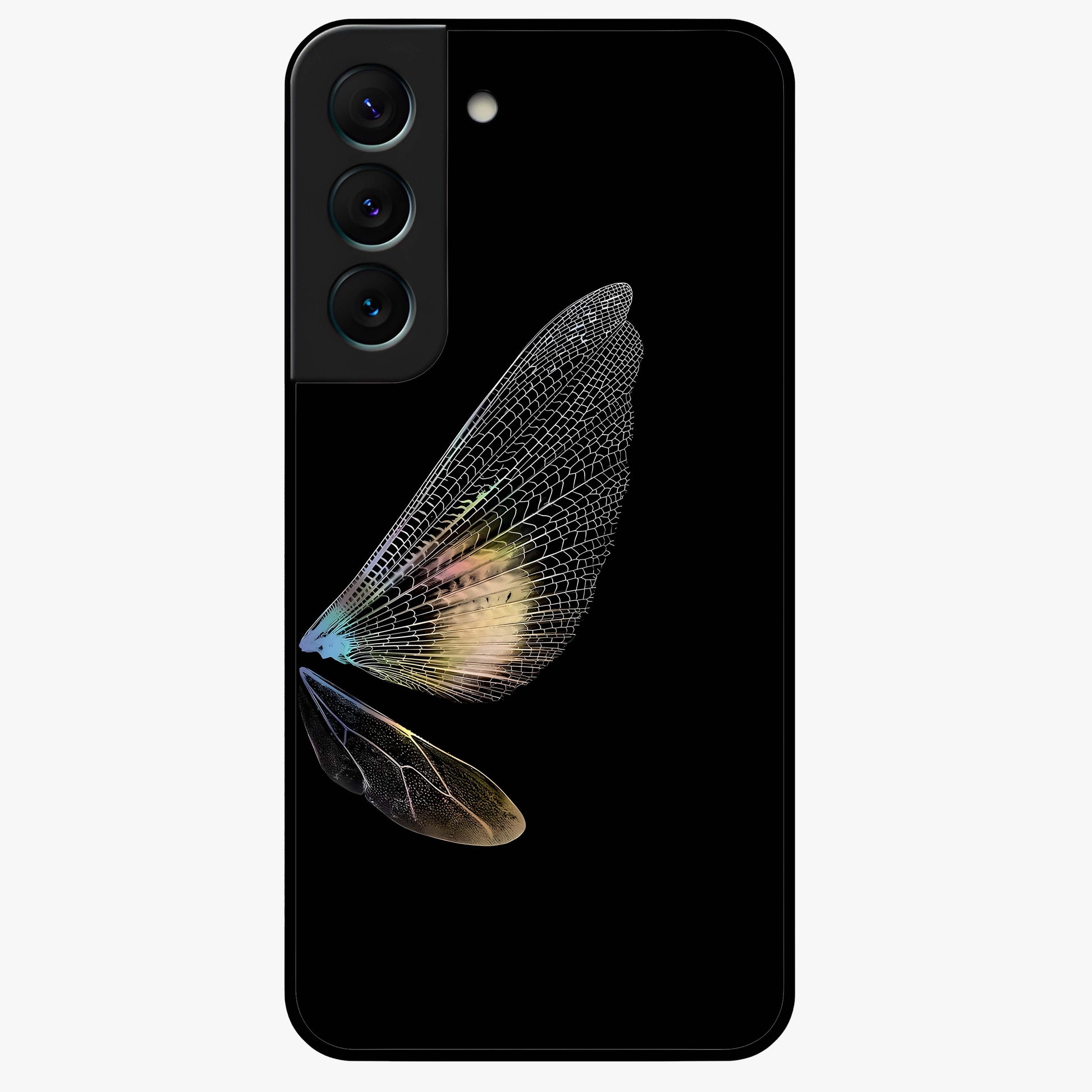 Whispers Of Wings Glass Case showing flat back view with graceful wing inspired artwork and glossy glass finish.