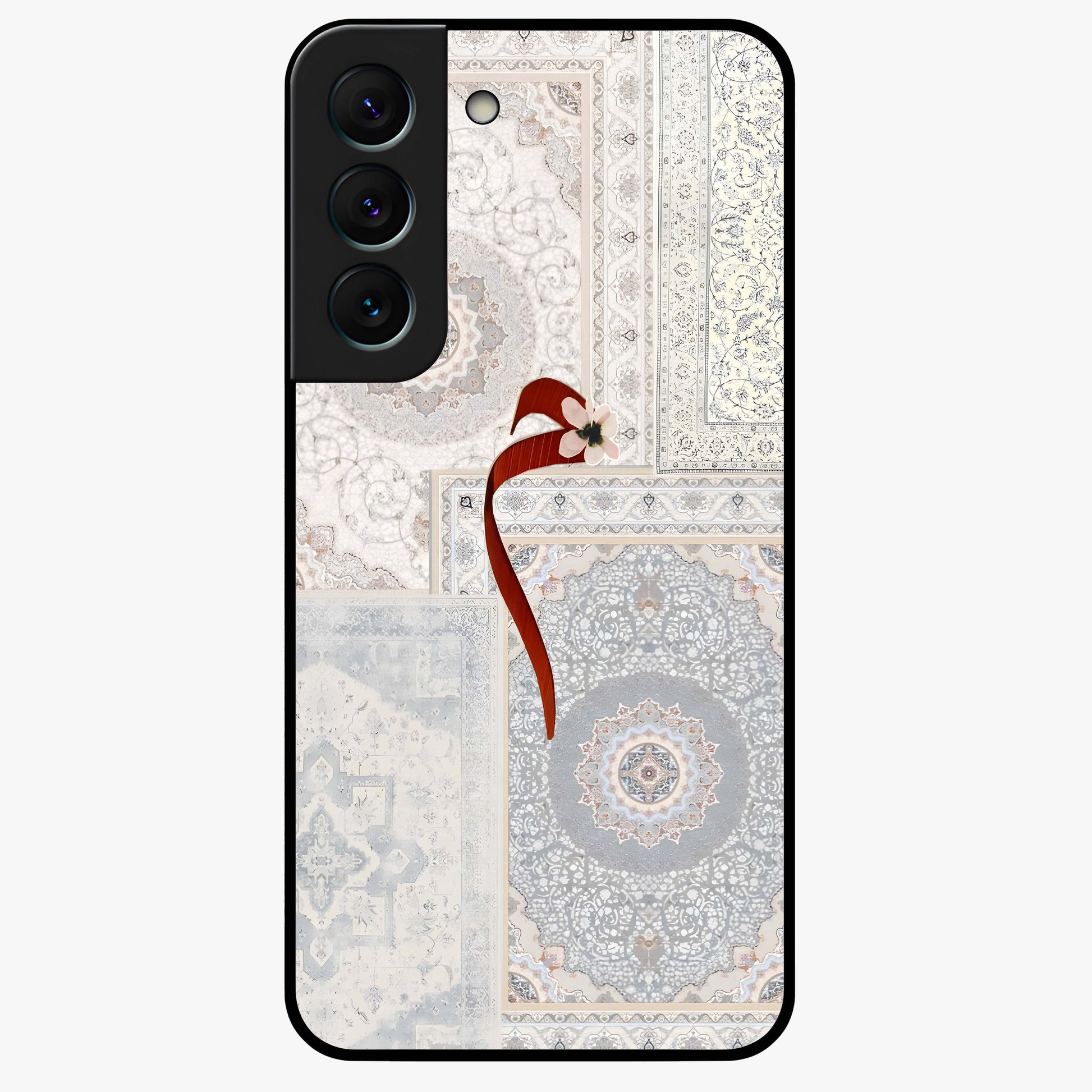 White Aesthetic Bow Glass Case showing flat back view with minimal bow artwork and glossy glass finish.