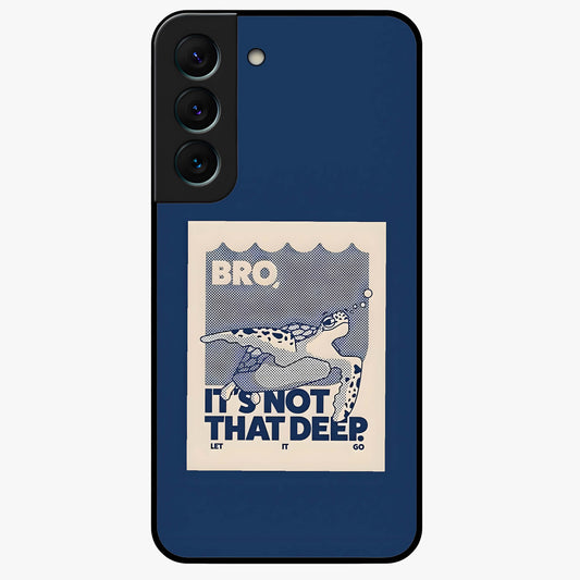 Worry Less Swim Glass Case showing flat back view with playful motivational artwork and glossy glass finish.
