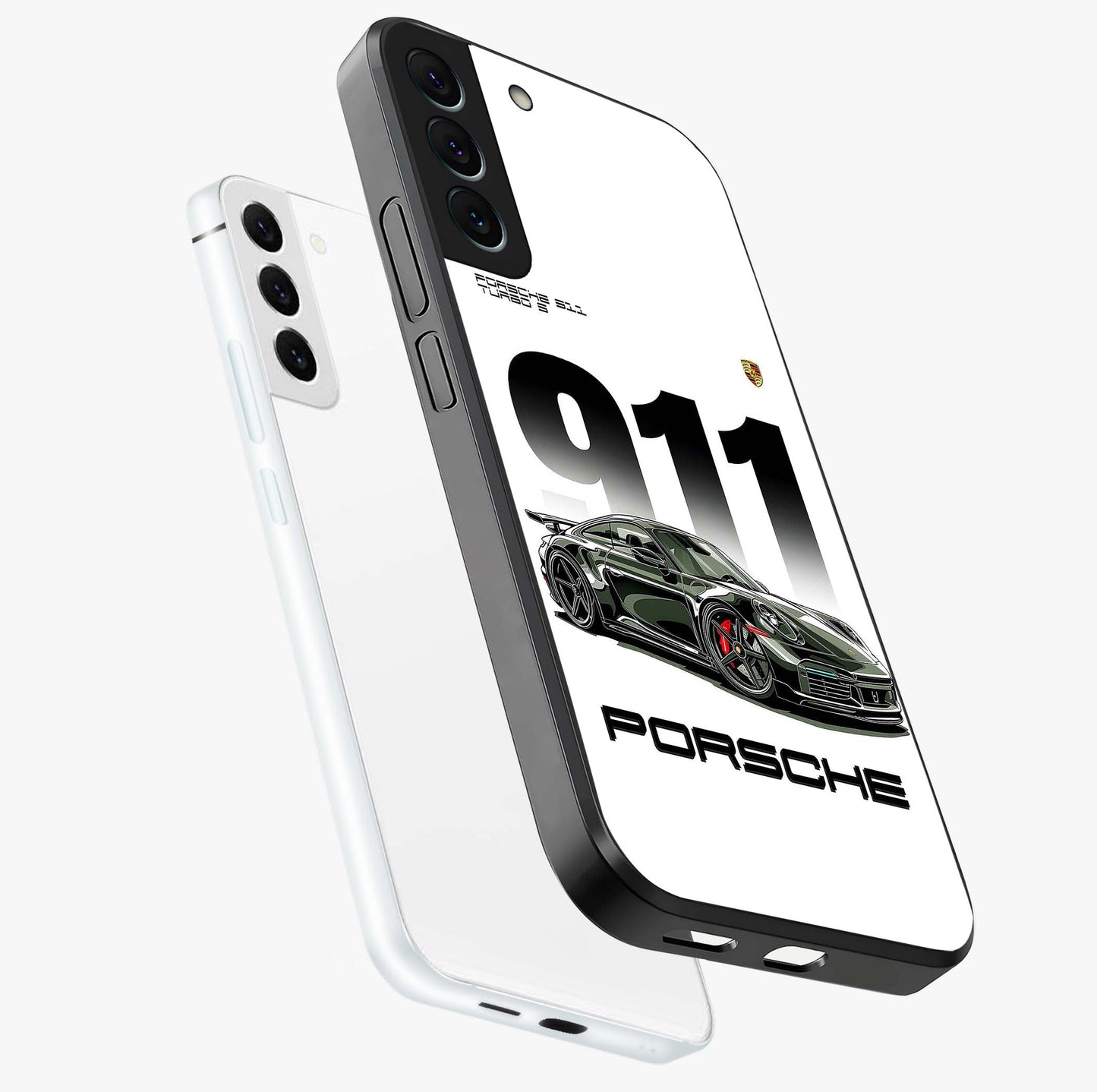 911 Turbo Dominance Glass Case displayed in premium angled mockup highlighting sporty car illustration and sleek glass surface.