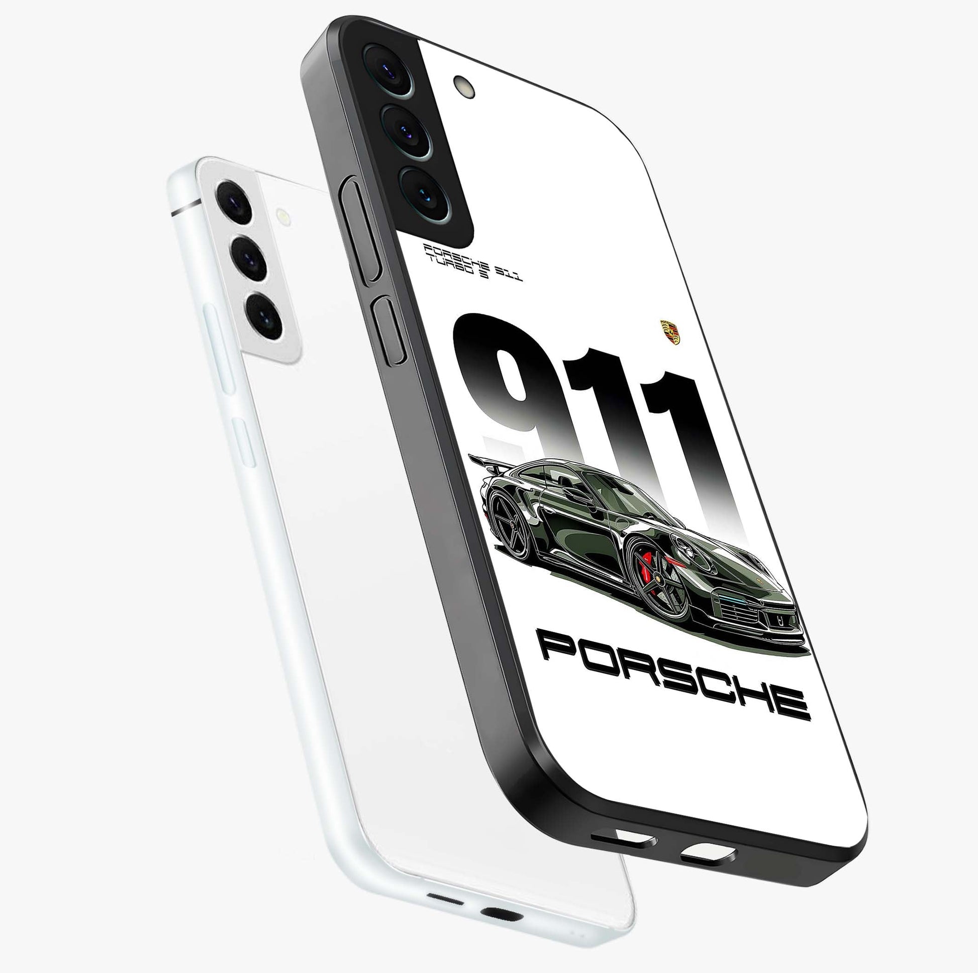 911 Turbo Dominance Glass Case displayed in premium angled mockup highlighting sporty car illustration and sleek glass surface.
