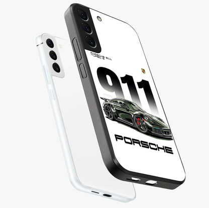 911 Turbo Dominance Glass Case displayed in premium angled mockup highlighting sporty car illustration and sleek glass surface.