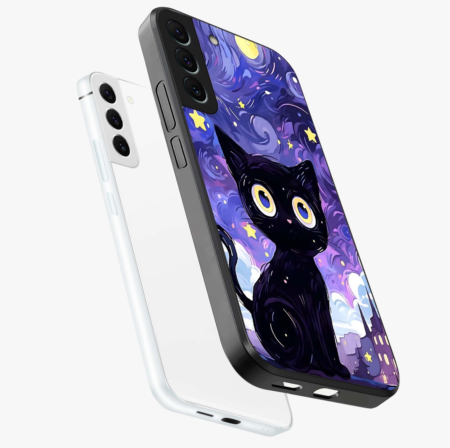 Abstract Cat Art Glass Case displayed in angled mockup highlighting modern abstract cat artwork and sleek glass surface.