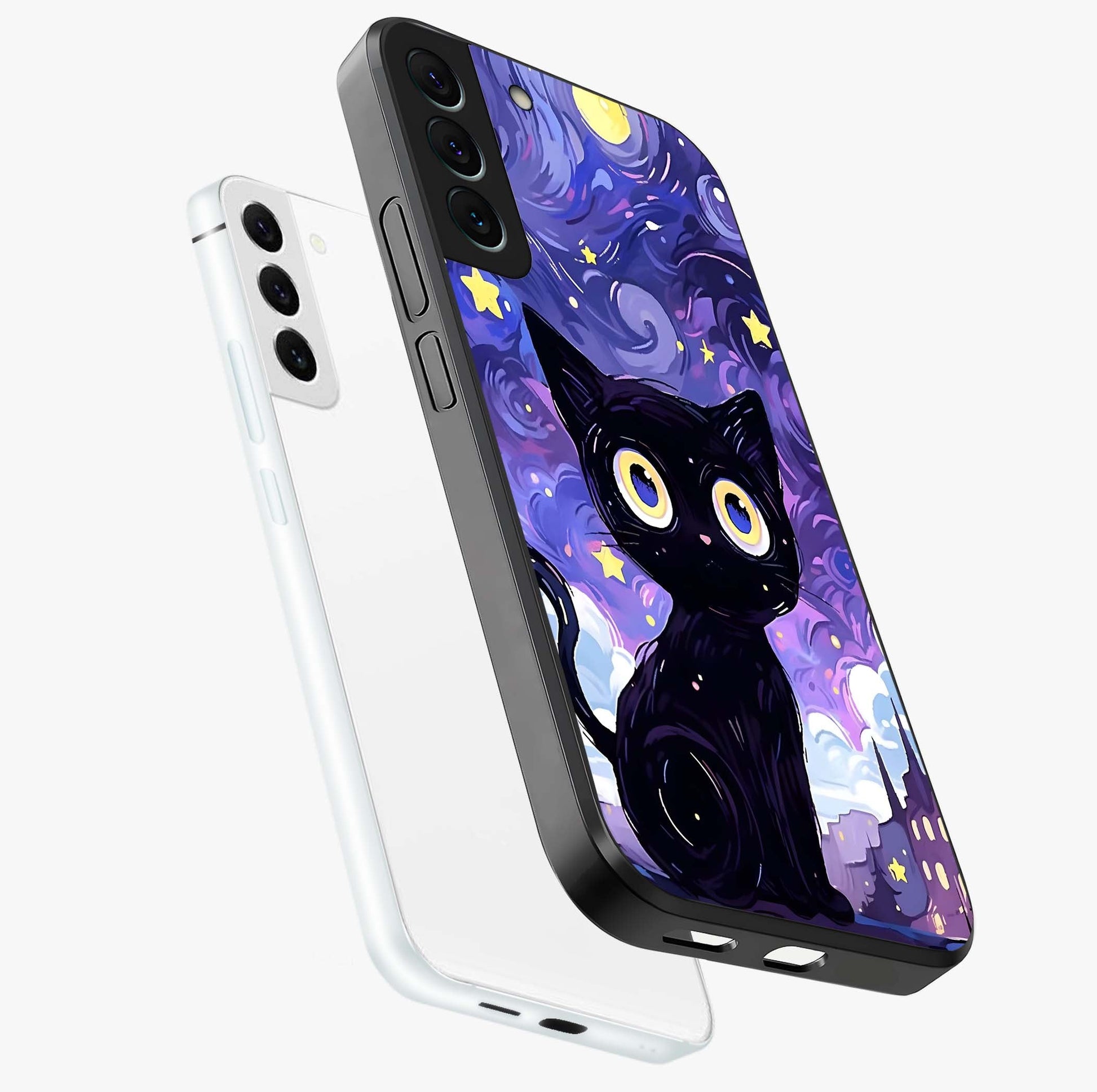 Abstract Cat Art Glass Case displayed in angled mockup highlighting modern abstract cat artwork and sleek glass surface.