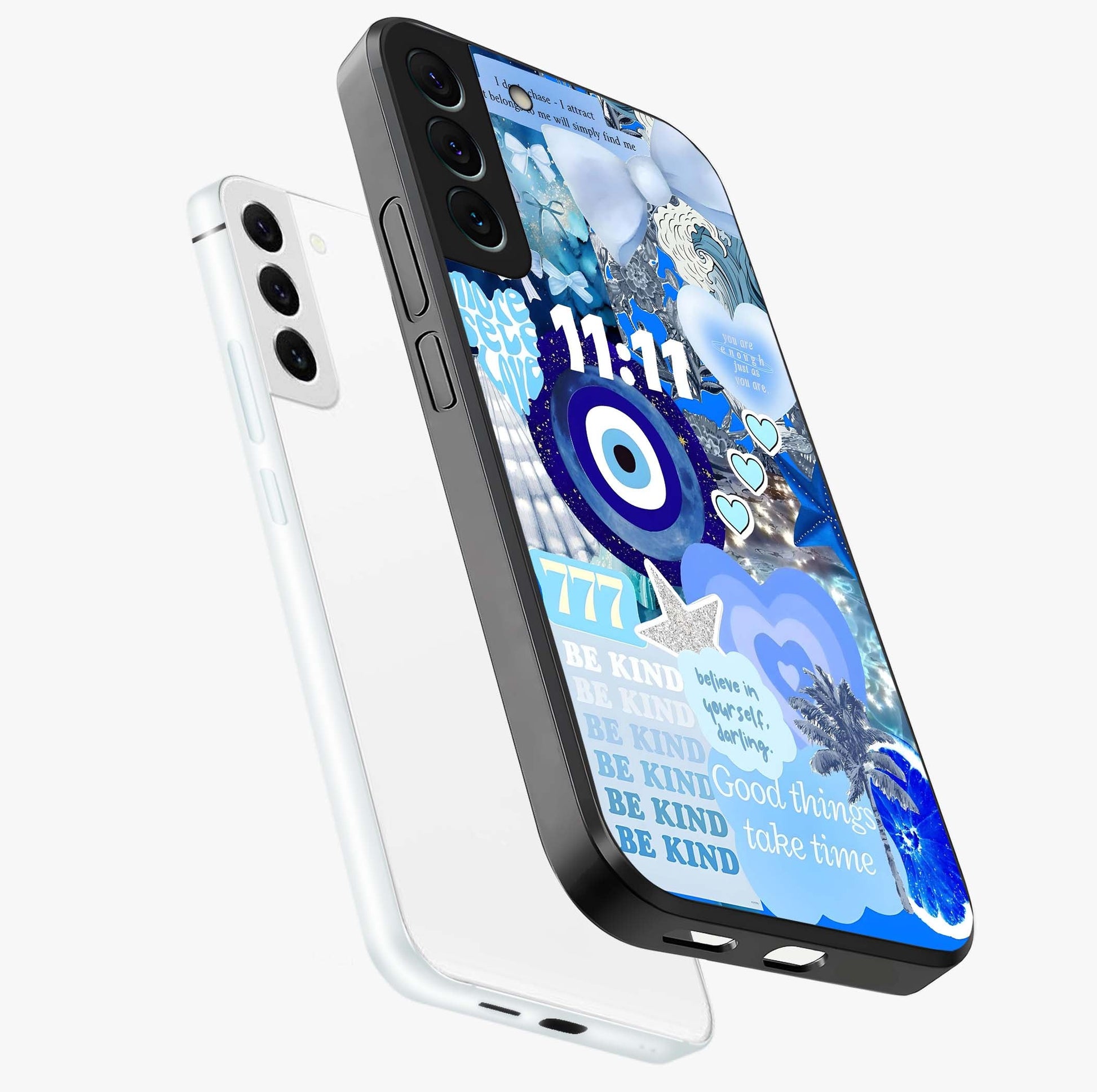 Aesthetic Be Kind Eye Glass Case displayed in angled mockup highlighting aesthetic eye design and inspirational vibe.