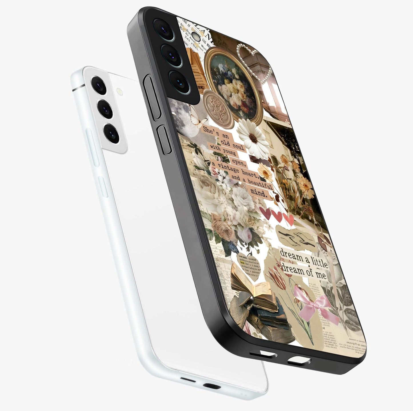 Aesthetic Brown Vintage Collage Glass Case displayed in angled mockup highlighting vintage aesthetic collage design.