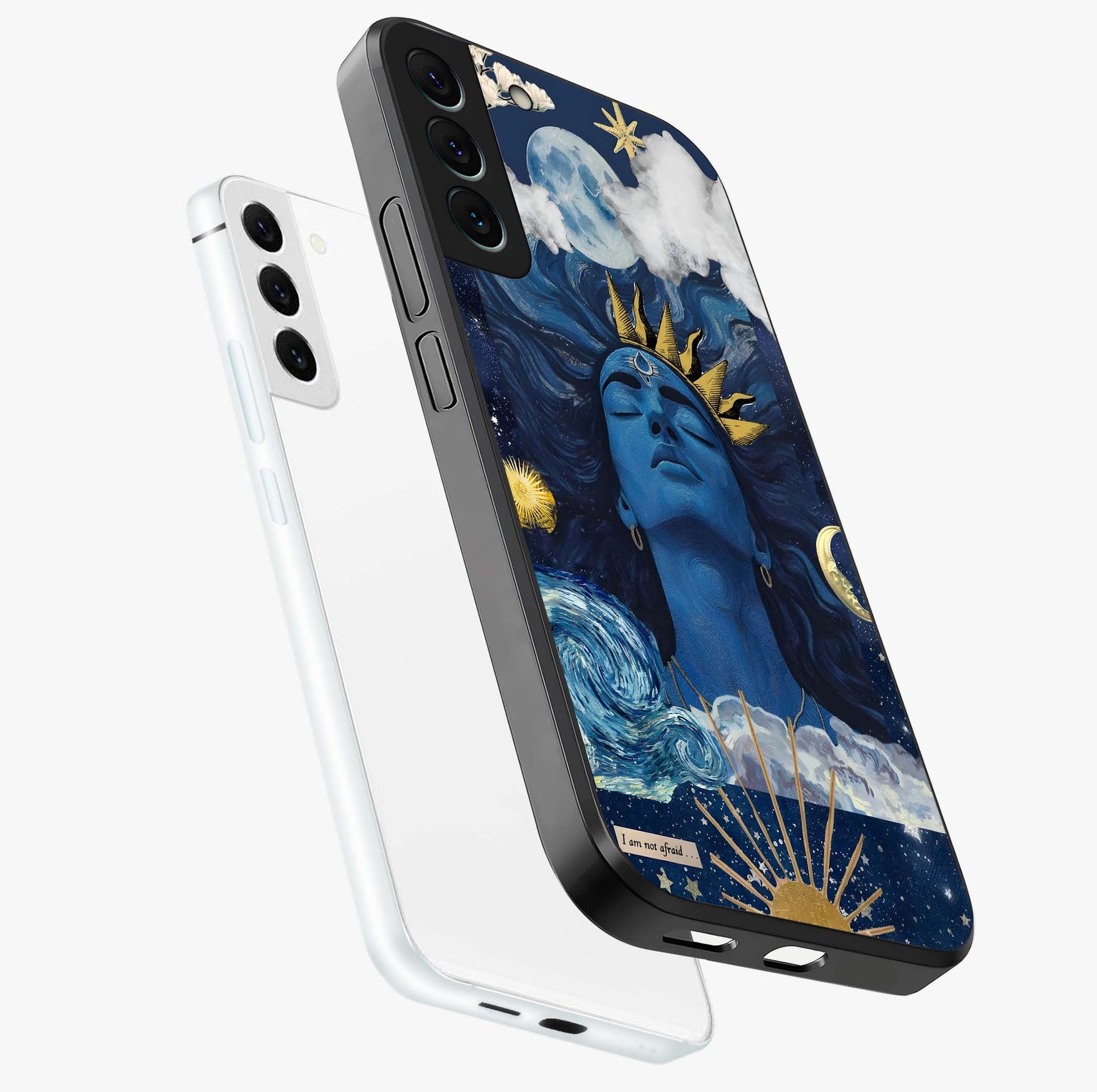 Aesthetic Lord Shiva Glass Case displayed in angled mockup highlighting spiritual Shiva illustration and sacred aesthetic design.