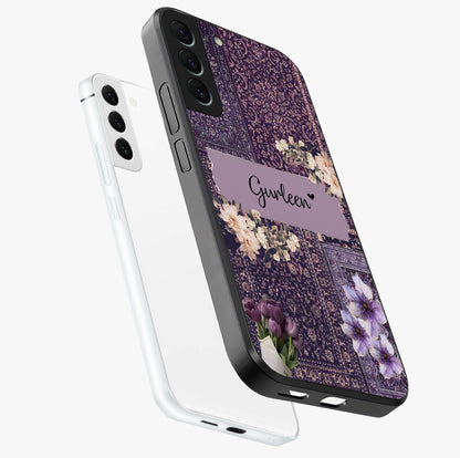 Antique Floral Whisper Custom Name Glass Case displayed in angled mockup highlighting elegant antique floral aesthetic.