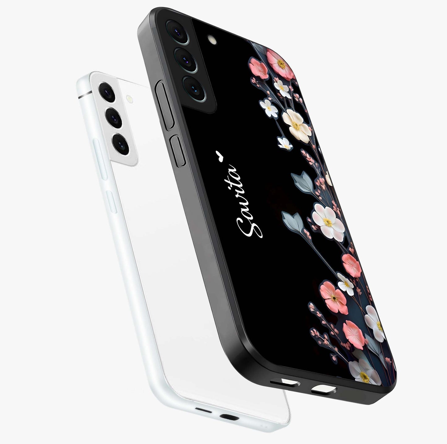 Black Elegance Floral Custom Name Glass Case displayed in angled mockup highlighting dark floral aesthetic and custom name feature.