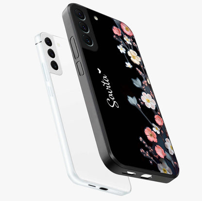 Black Elegance Floral Custom Name Glass Case displayed in angled mockup highlighting dark floral aesthetic and custom name feature.