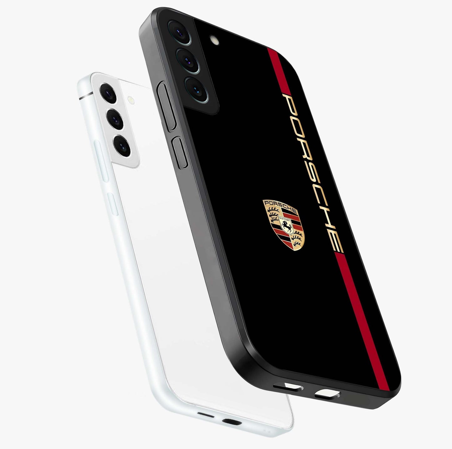 Black Minimal Porsche Glass Case displayed in angled mockup highlighting modern minimal car illustration and clean aesthetic design.