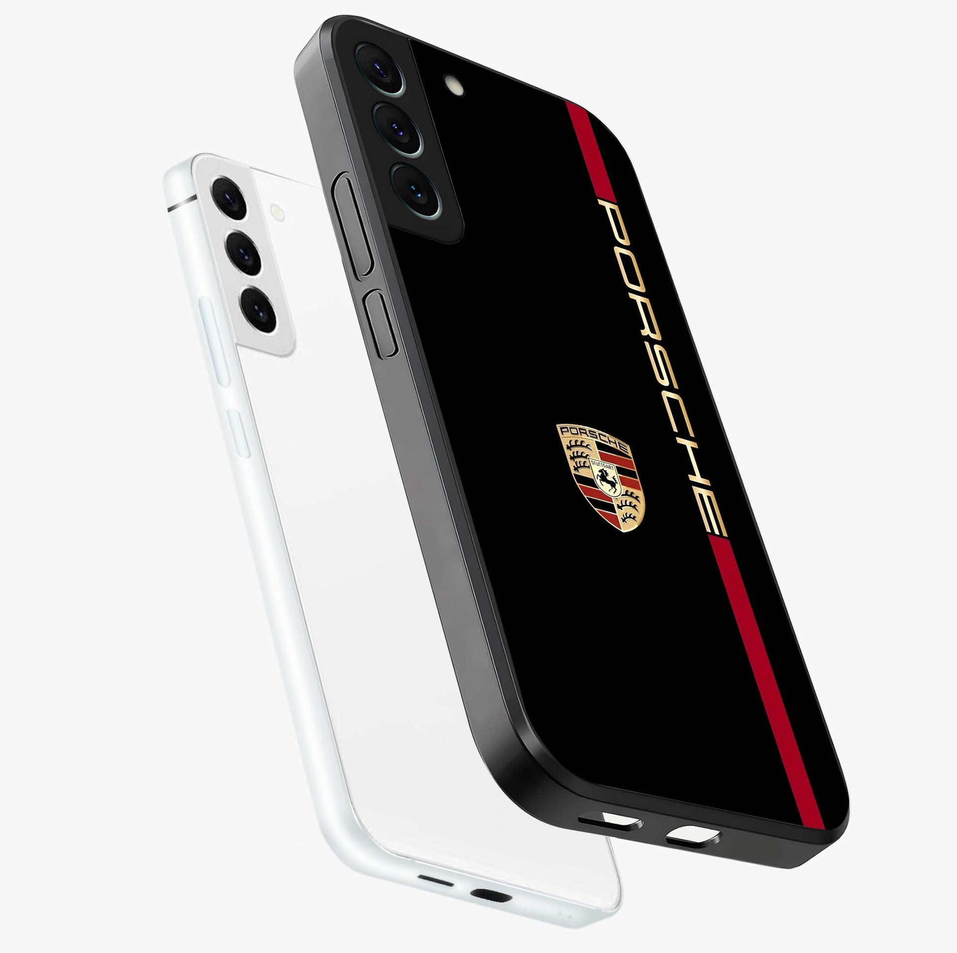 Black Minimal Porsche Glass Case displayed in angled mockup highlighting modern minimal car illustration and clean aesthetic design.