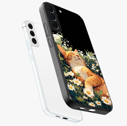 Blissful Bloom Cat Glass Case displayed in angled mockup highlighting playful feline illustration with soft floral aesthetic.