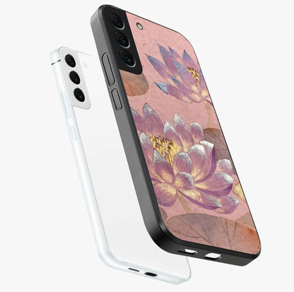 Blossom Mist Lotus Glass Case displayed in angled mockup highlighting delicate lotus illustration with calm aesthetic theme.