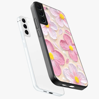 Blush Bloom Texture Glass Case displayed in angled mockup highlighting subtle bloom pattern with aesthetic pastel design.