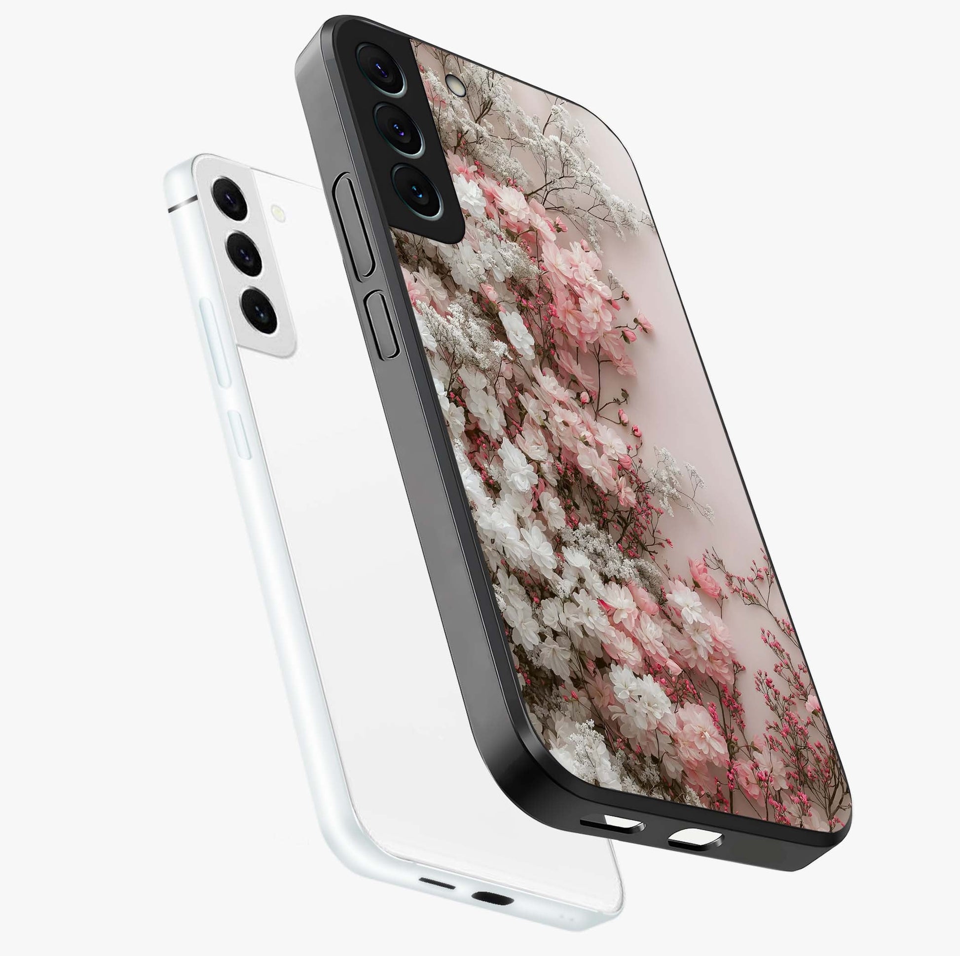 Blush Blossom Cloud Glass Case displayed in angled mockup highlighting soft cloud and blossom design with pastel aesthetic.