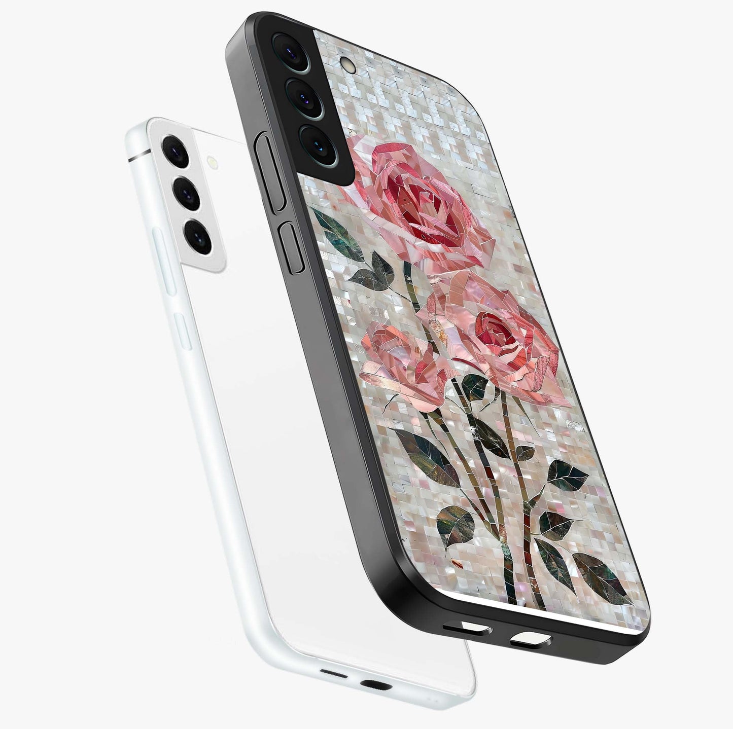 Blush Mosaic Bloom Glass Case displayed in angled mockup highlighting artistic mosaic flower pattern with aesthetic design.