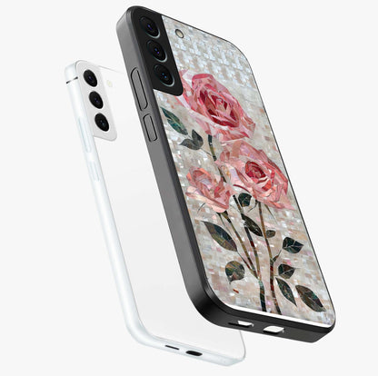 Blush Mosaic Bloom Glass Case displayed in angled mockup highlighting artistic mosaic flower pattern with aesthetic design.