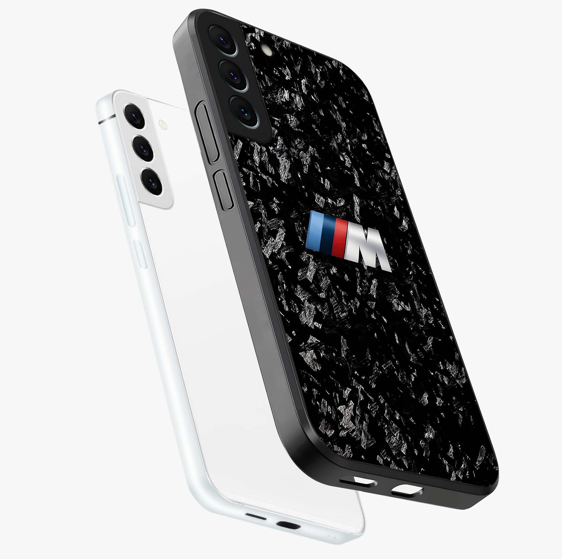 Carbon Speed Mark Glass Case displayed in angled mockup highlighting racing inspired carbon design and sleek aesthetic style.