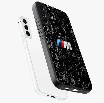 Carbon Speed Mark Glass Case displayed in angled mockup highlighting racing inspired carbon design and sleek aesthetic style.