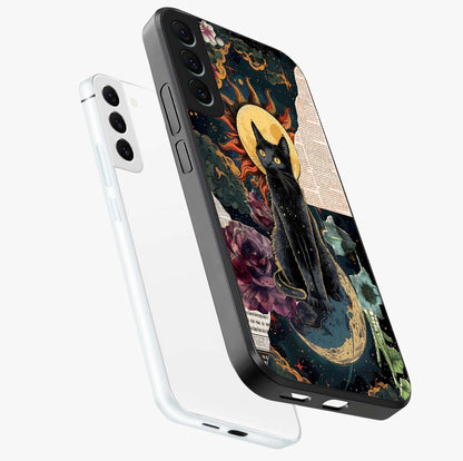 Celestial Black Cat Glass Case displayed in angled mockup highlighting cosmic black cat design with celestial aesthetic.