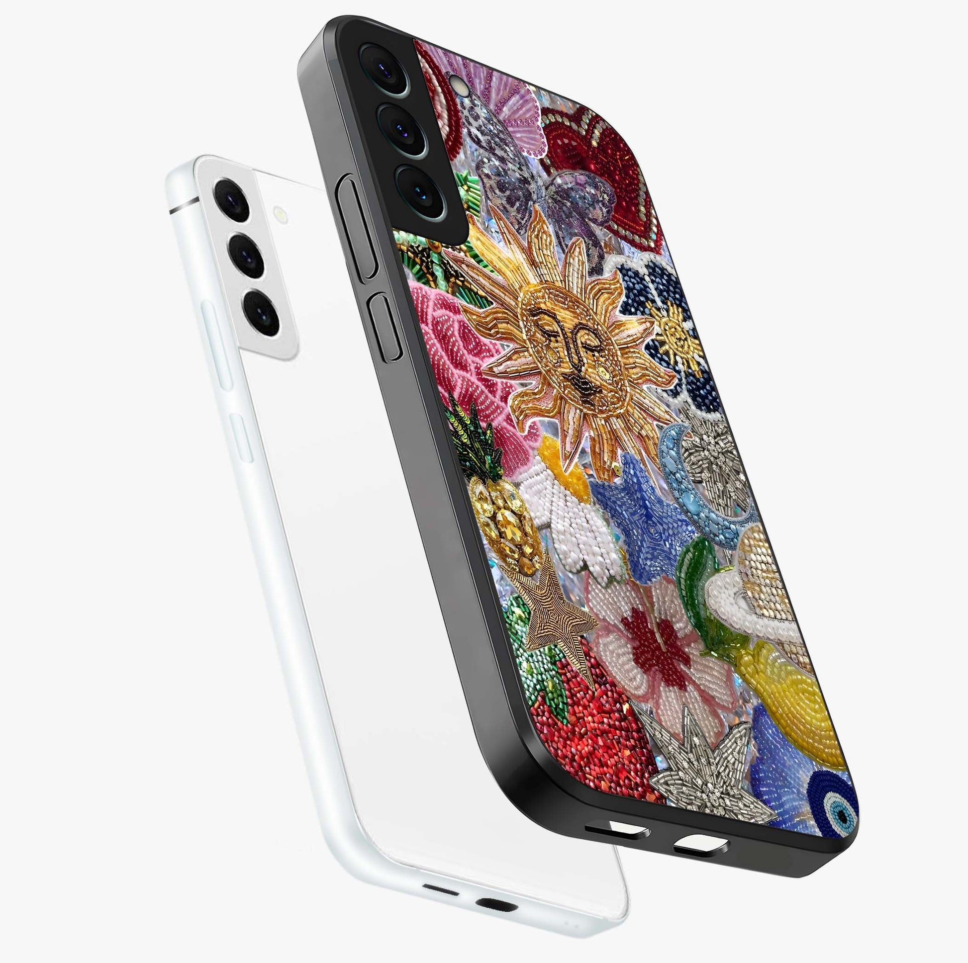 Celestial Floral and Playful Glass Case displayed in angled mockup highlighting playful floral design with dreamy celestial elements.