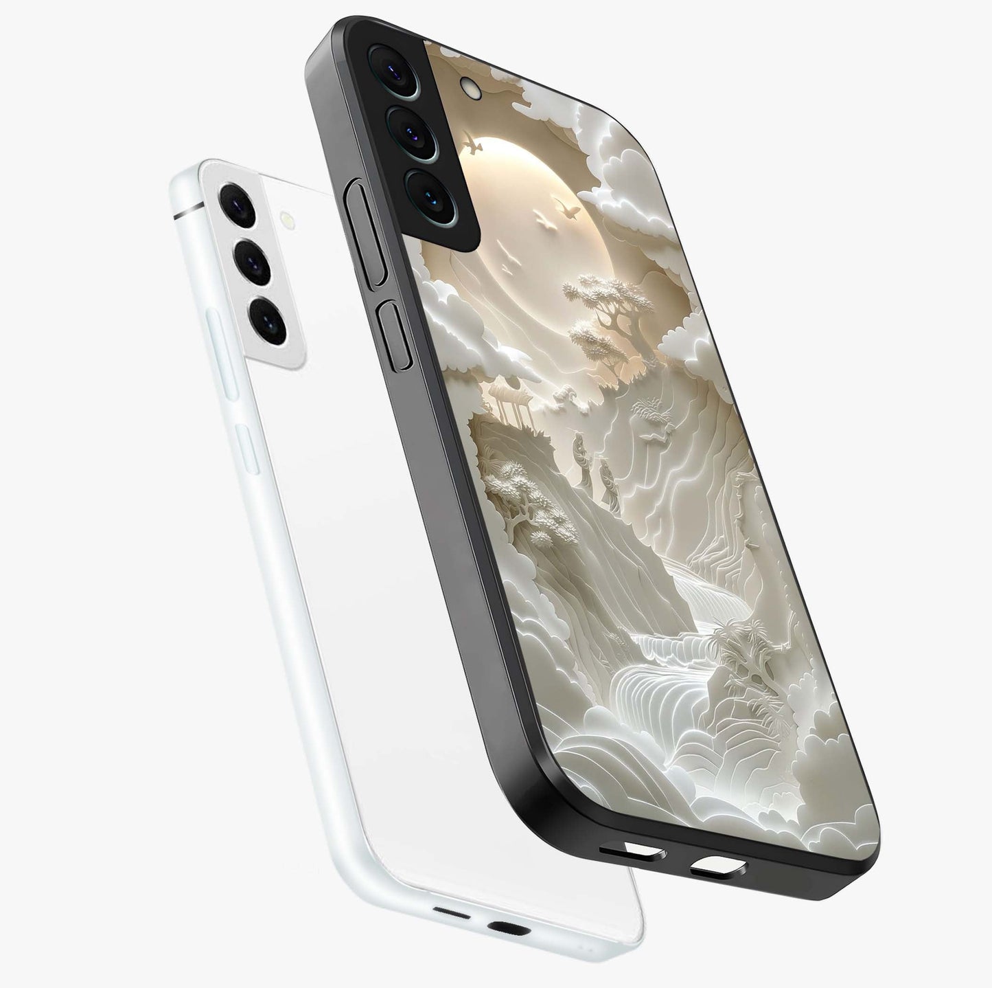 Celestial Origami Glass Case displayed in angled mockup highlighting geometric origami design with cosmic aesthetic theme.