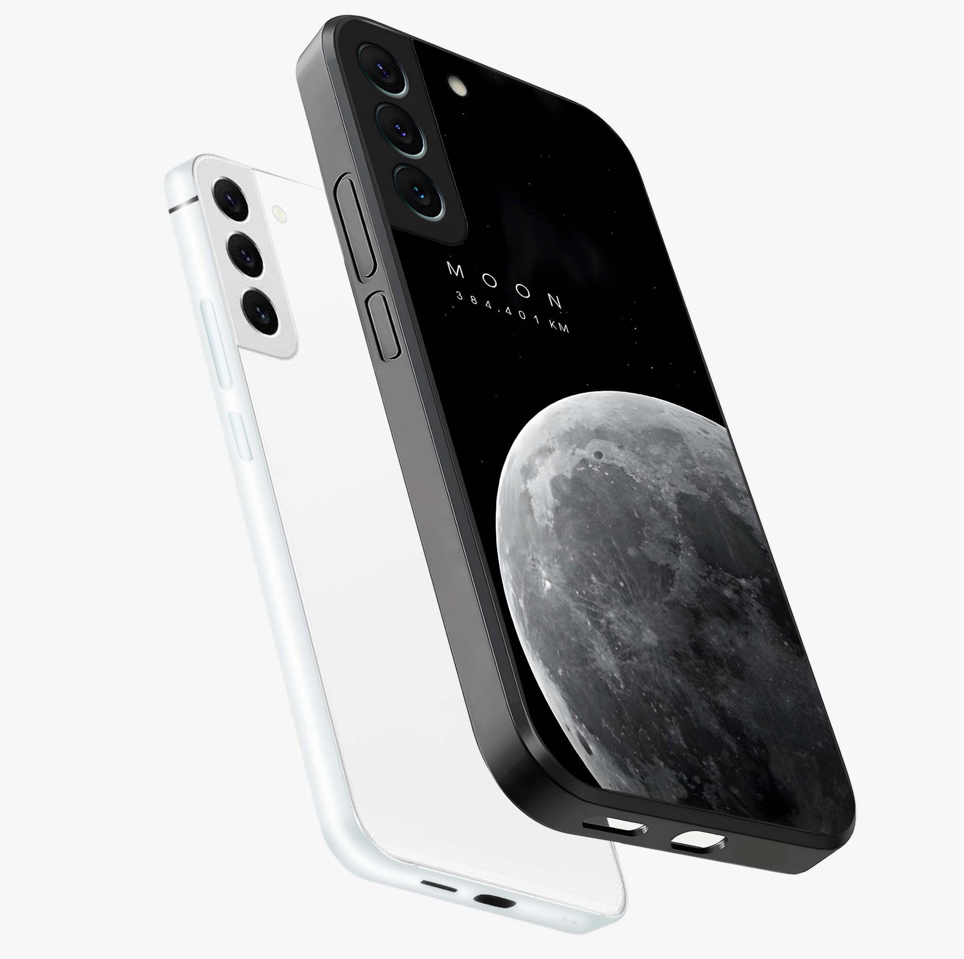 Cosmic Moon Glow Glass Case displayed in angled mockup highlighting celestial moon design with cosmic aesthetic theme.