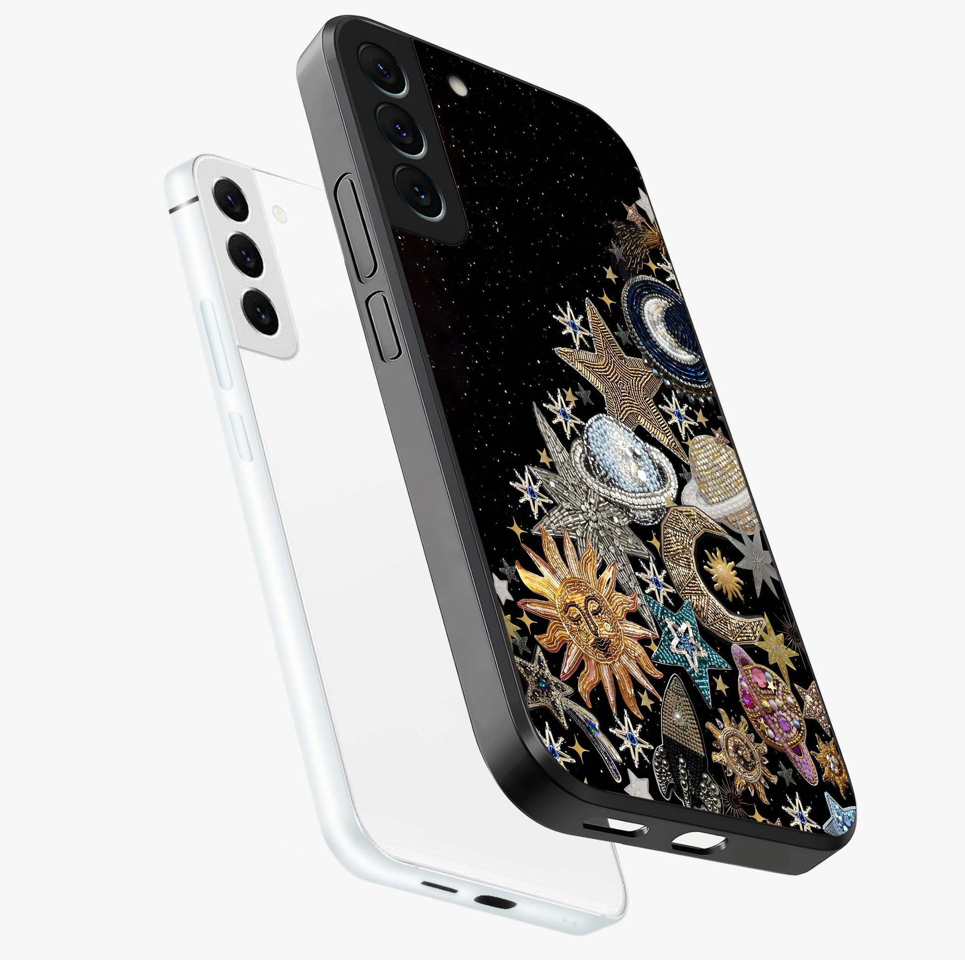 Cosmic Sparkle Dreams Glass Case displayed in angled mockup highlighting dreamy star sparkle design with celestial aesthetic.