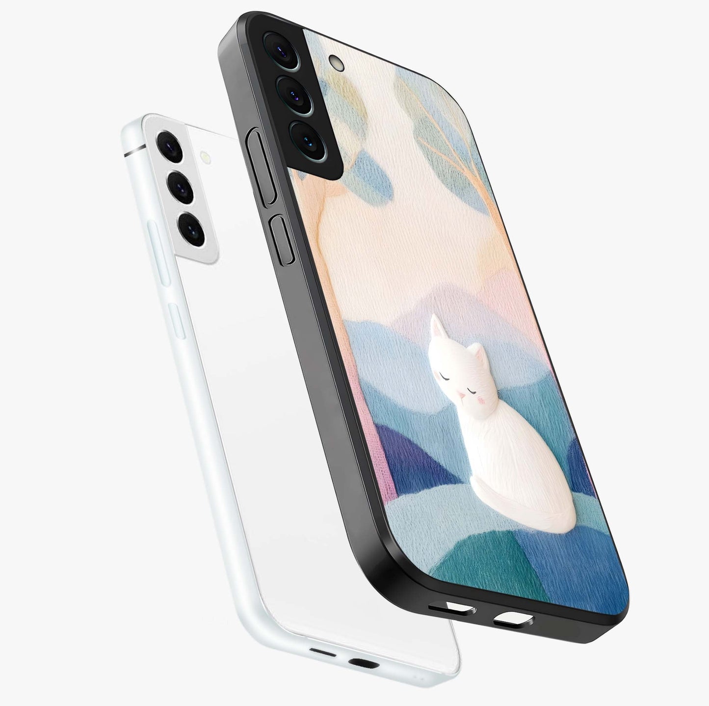Cotton Dream Cat Glass Case displayed in angled mockup highlighting cute feline illustration with pastel aesthetic style.