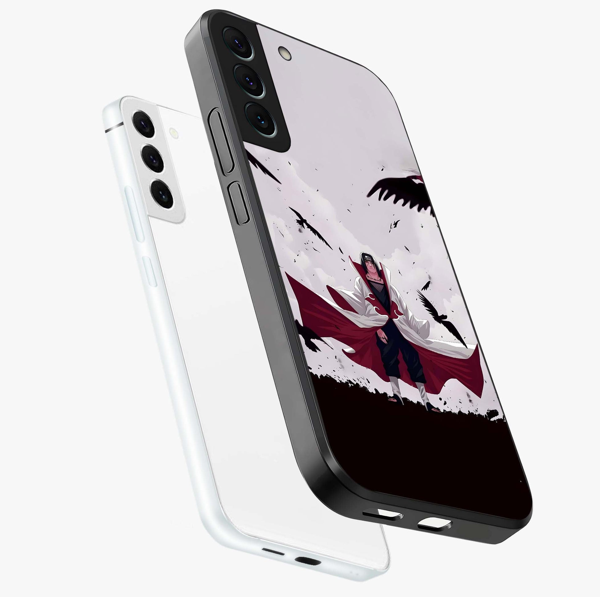 Crimson Crow Ascension Glass Case displayed in angled mockup highlighting powerful crow illustration with dark crimson aesthetic.