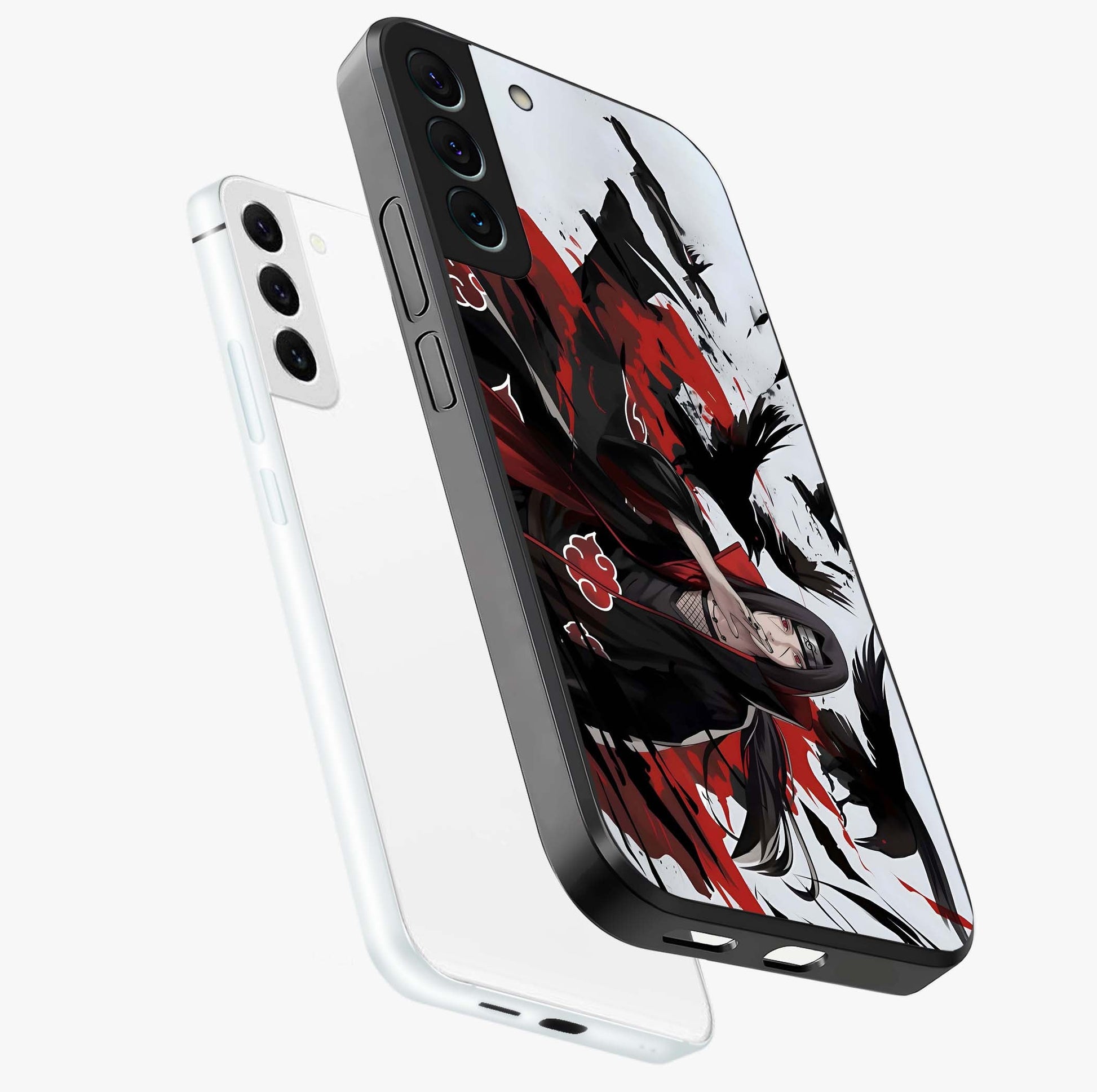 Crimson Crow Illusion Glass Case displayed in angled mockup highlighting mysterious crow graphic with dark aesthetic style.