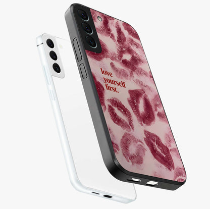 Crimson Kiss Love Glass Case displayed in angled mockup highlighting bold love inspired design with modern aesthetic style.