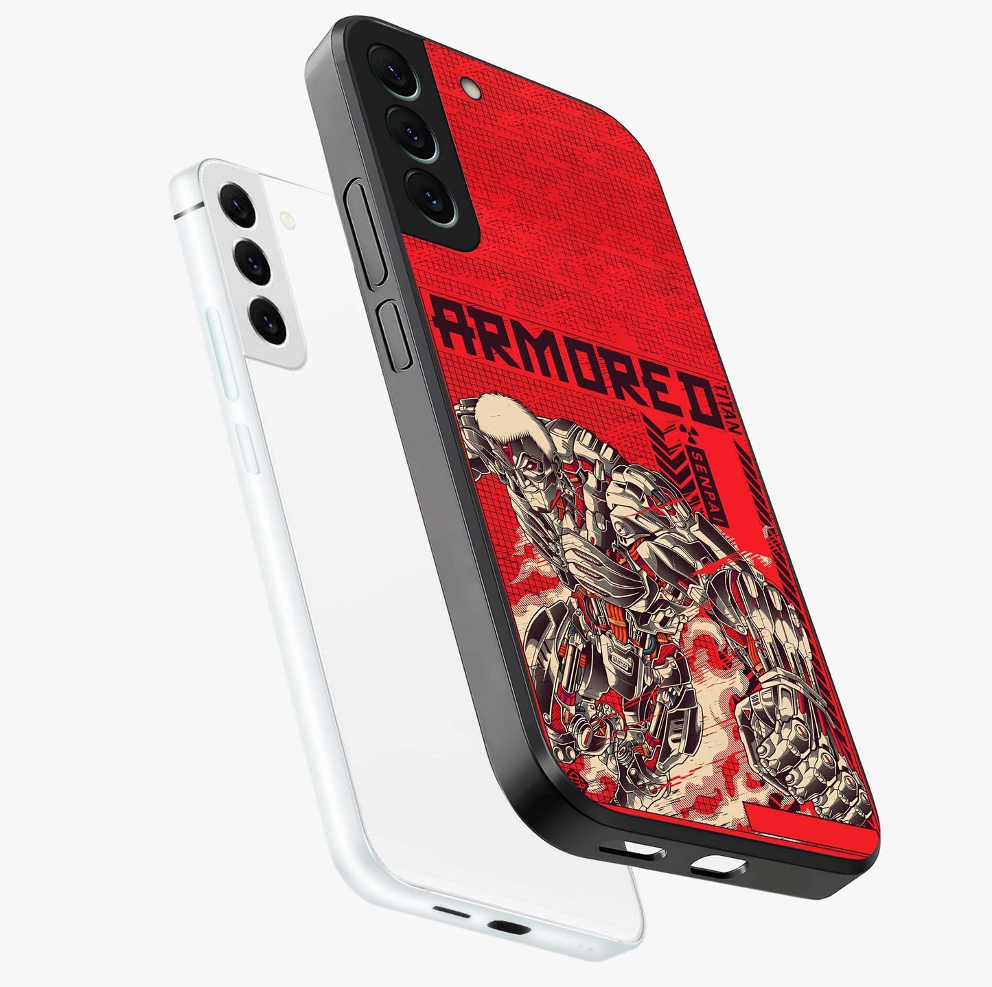 Crimson Mecha Titan Glass Case displayed in angled mockup highlighting futuristic mech illustration with bold crimson aesthetic.