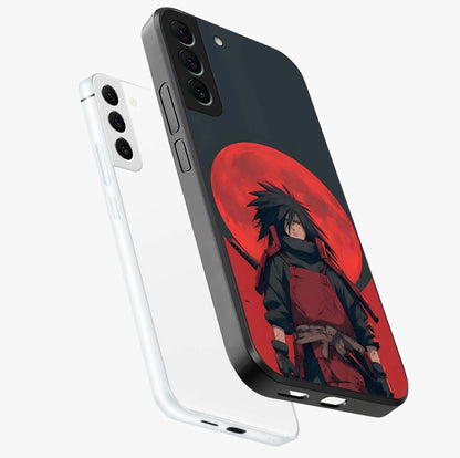 Crimson Moon Warlord Glass Case displayed in angled mockup highlighting dramatic crimson moon design with fantasy aesthetic.