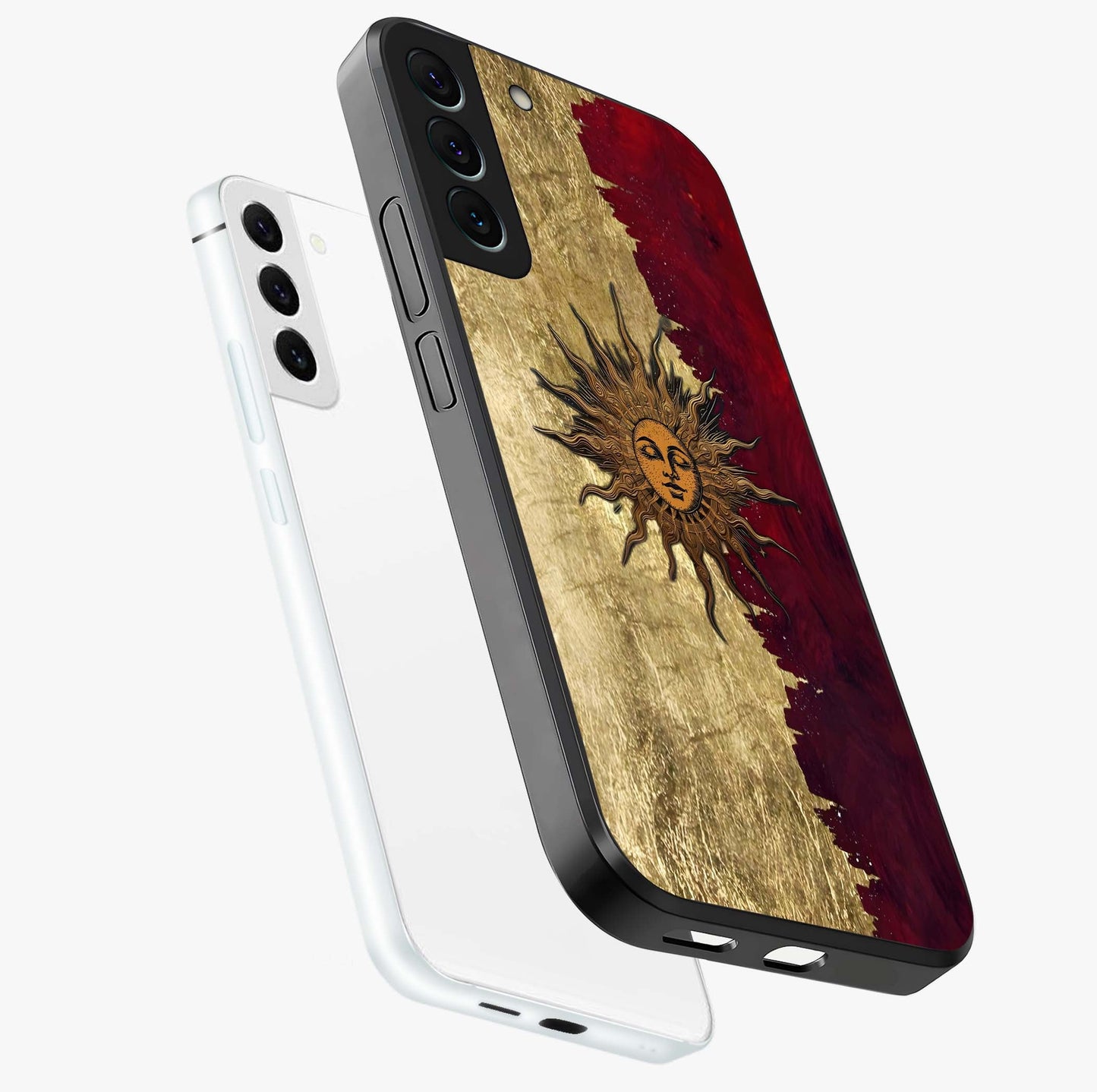 Crimson Sun Majesty Glass Case displayed in angled mockup highlighting majestic crimson sun design with bold aesthetic style.