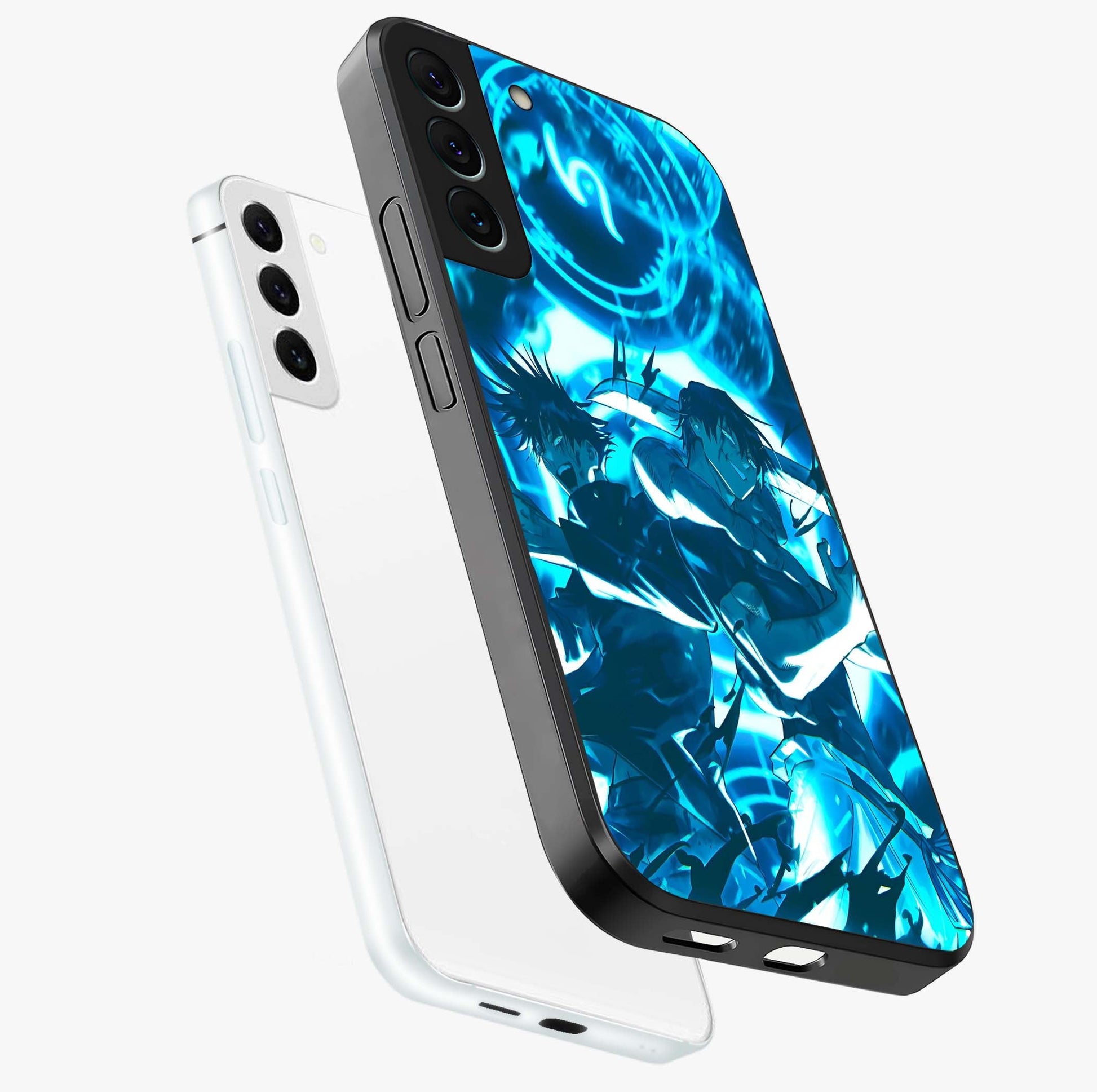 Cursed Energy Clash Glass Case displayed in angled mockup highlighting powerful battle inspired graphic with anime style aesthetic.