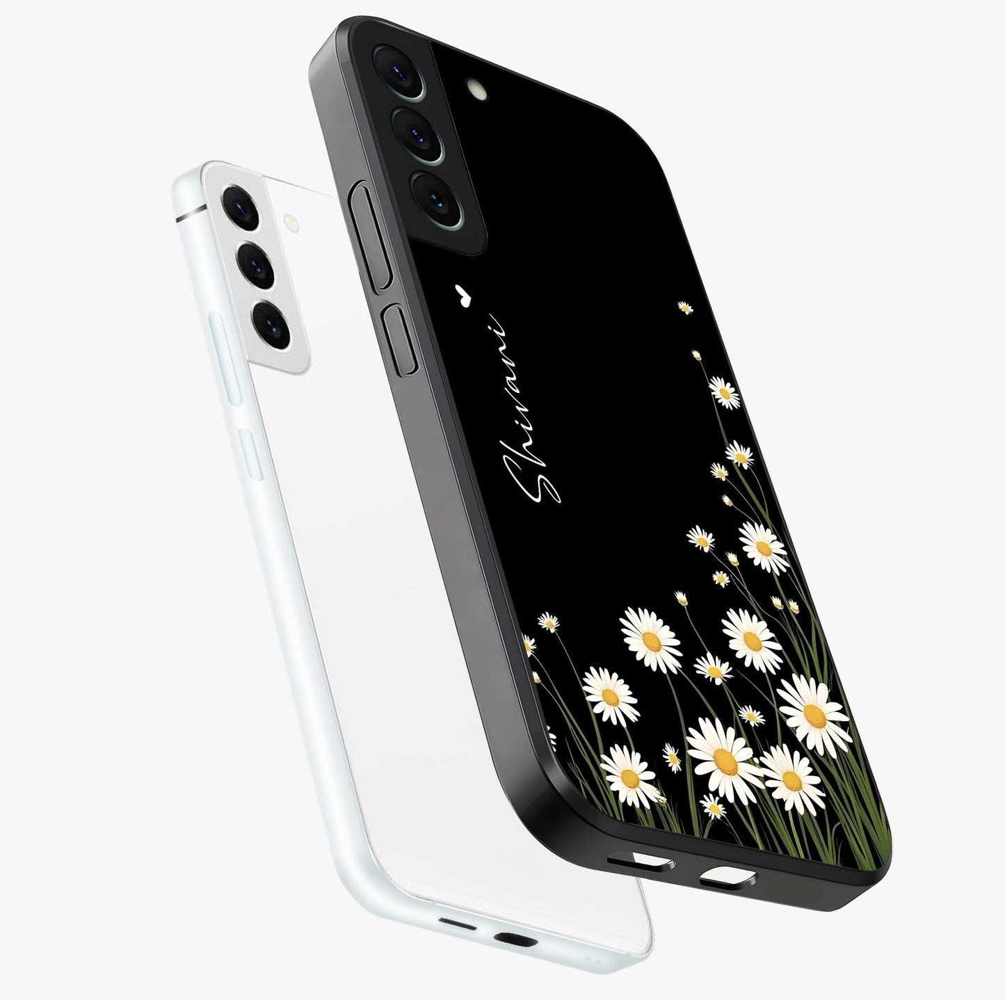 Daisy Cascade Custom Name Glass Case displayed in angled mockup highlighting delicate daisy artwork with custom name feature.