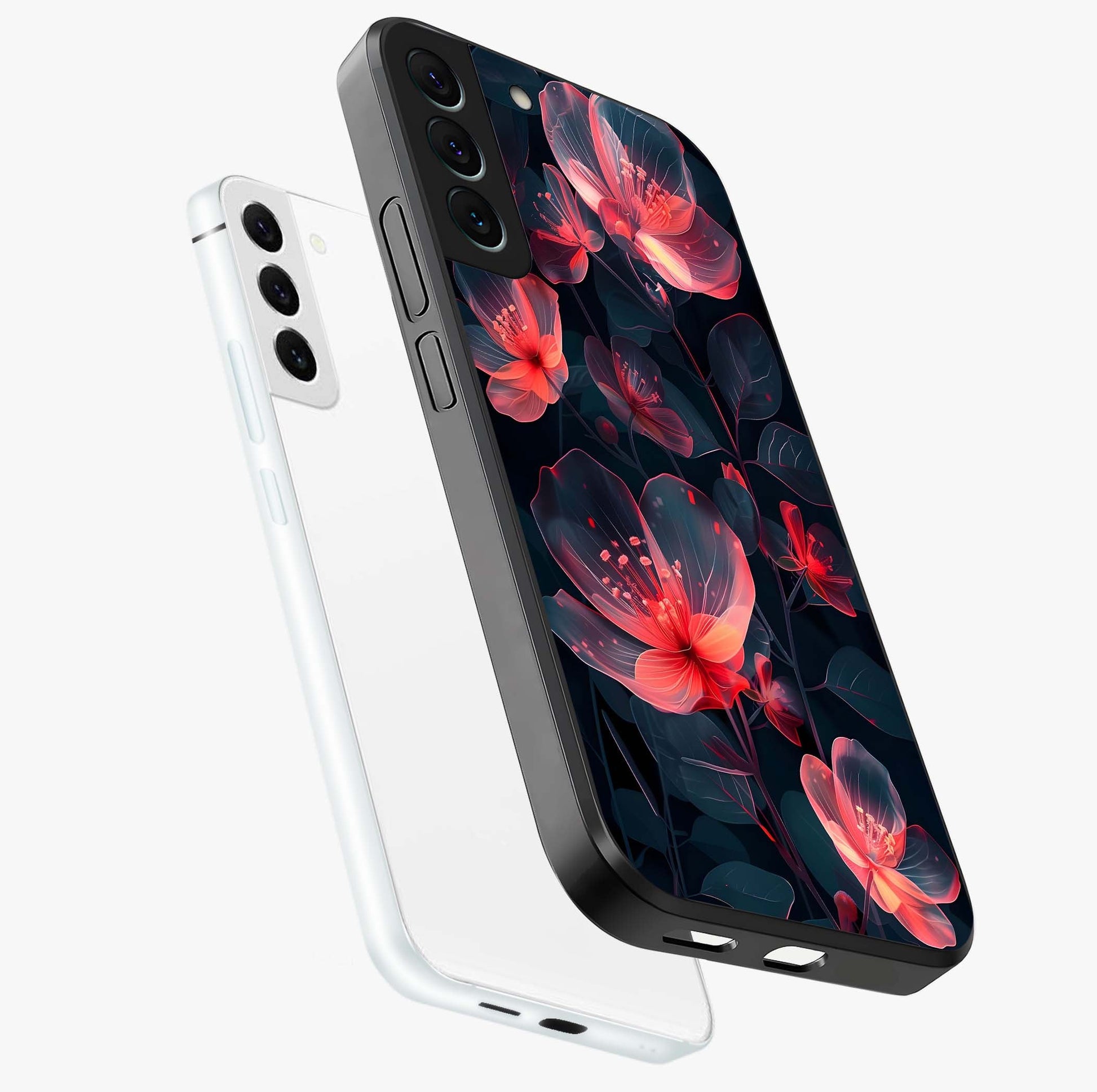 Dark Shade of Flower Glass Case displayed in angled mockup highlighting moody floral illustration with aesthetic dark tones.