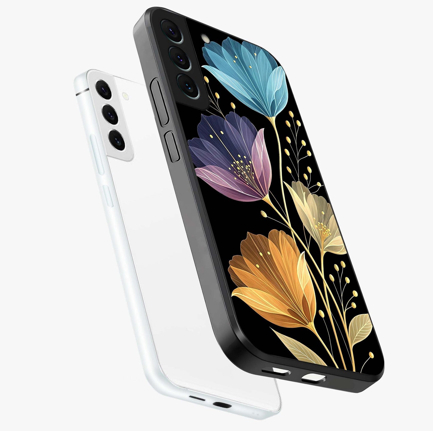 Delicate Multicolor Flowers Glass Case displayed in angled mockup highlighting colorful flower pattern with soft aesthetic style.