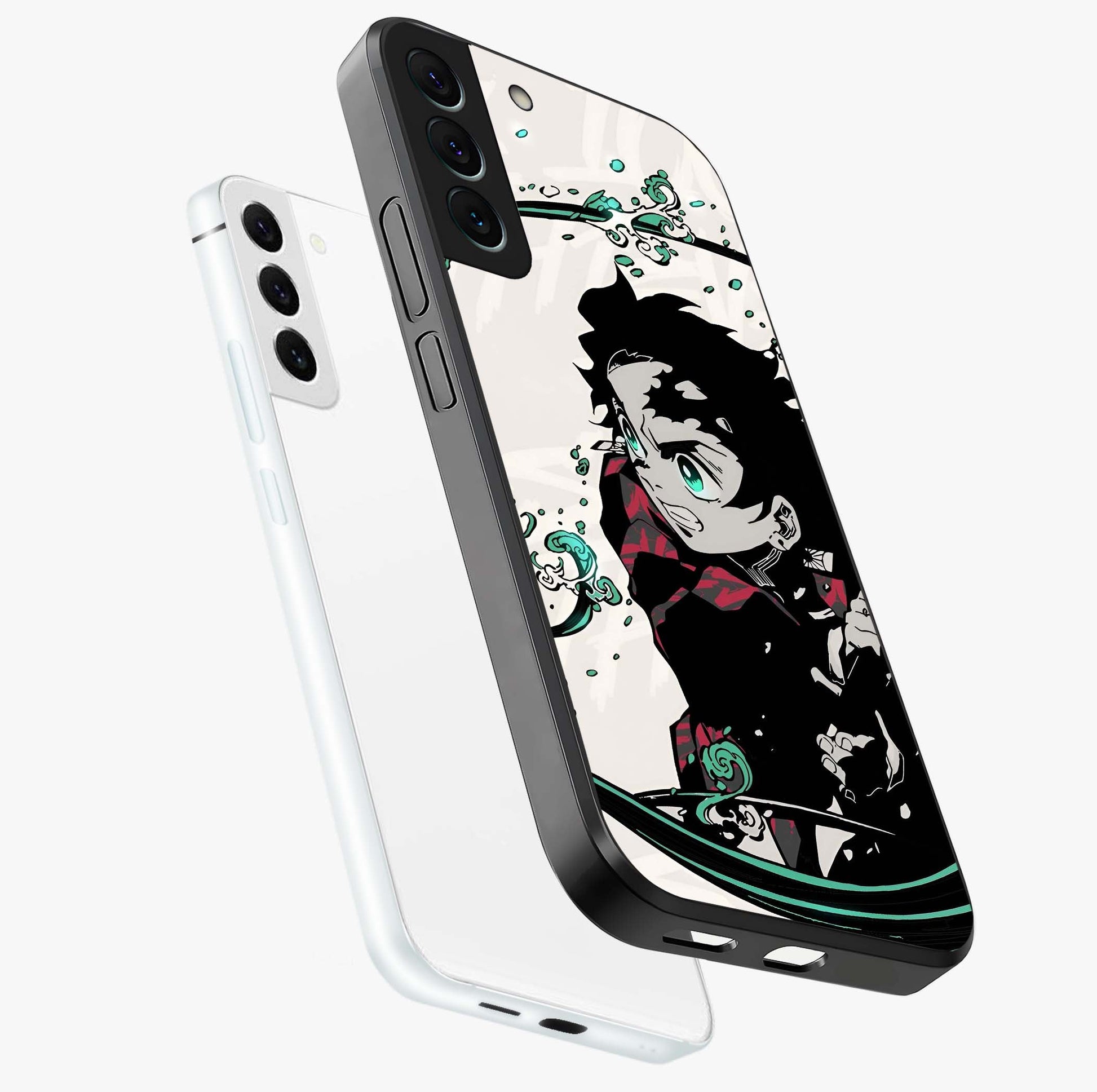 Demon Slayer Glass Case displayed in angled mockup highlighting dramatic anime character design with action aesthetic.