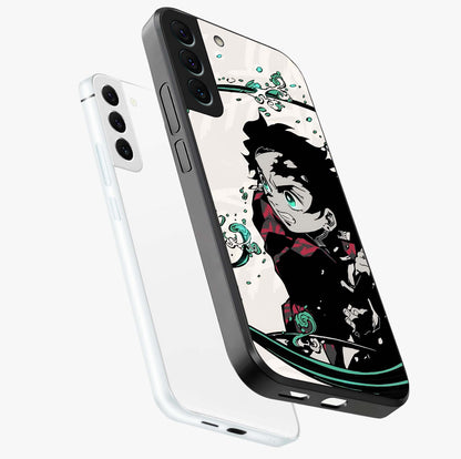 Demon Slayer Glass Case displayed in angled mockup highlighting dramatic anime character design with action aesthetic.