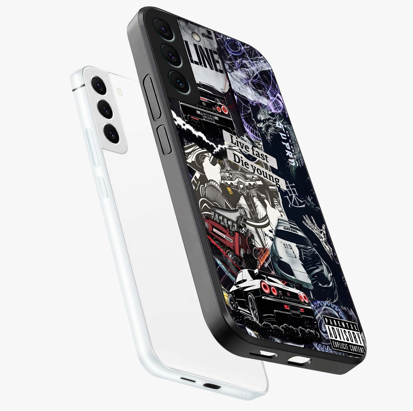Die Young Glass Case displayed in angled mockup highlighting expressive graphic artwork with edgy aesthetic style.