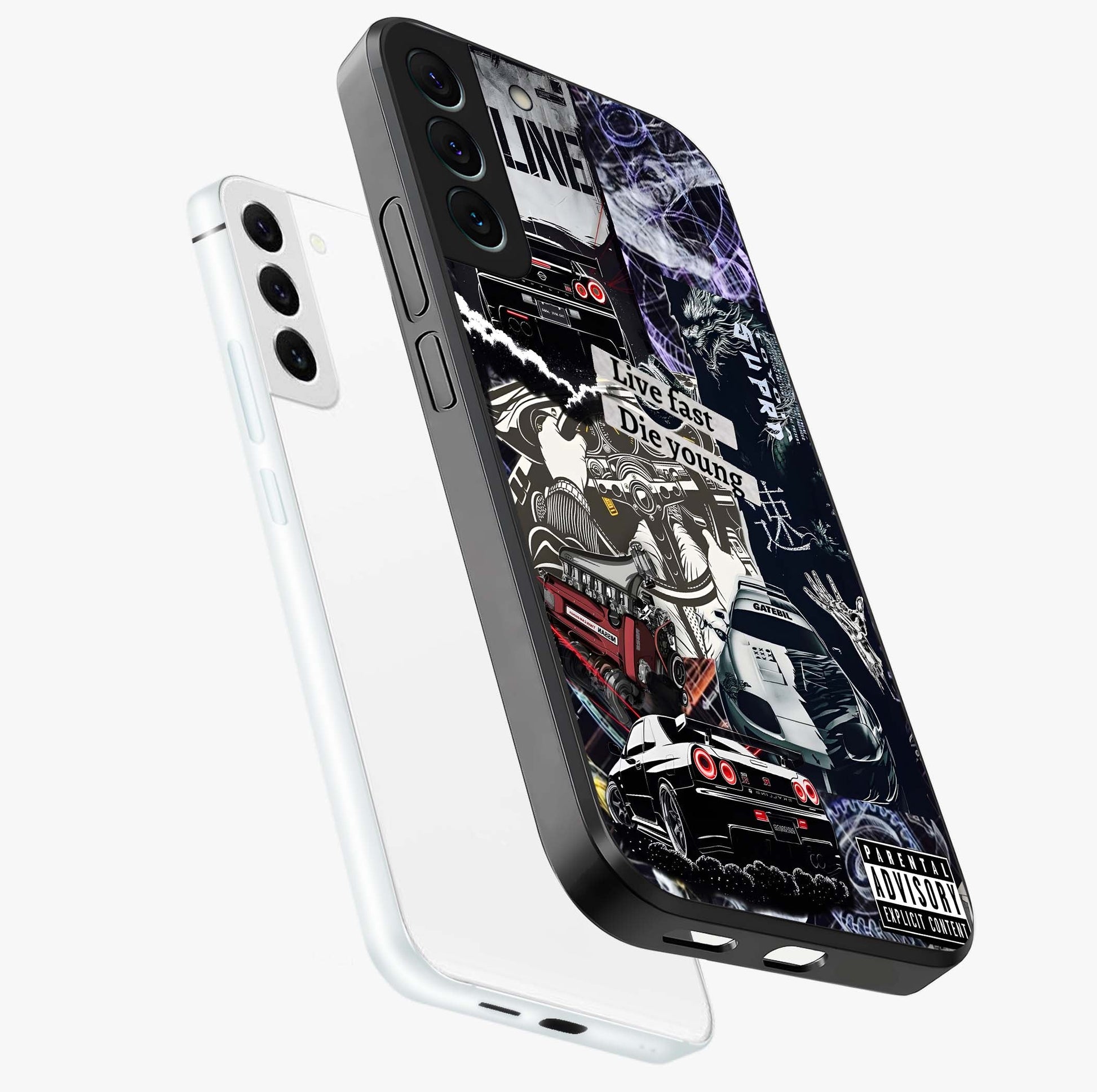 Die Young Glass Case displayed in angled mockup highlighting expressive graphic artwork with edgy aesthetic style.