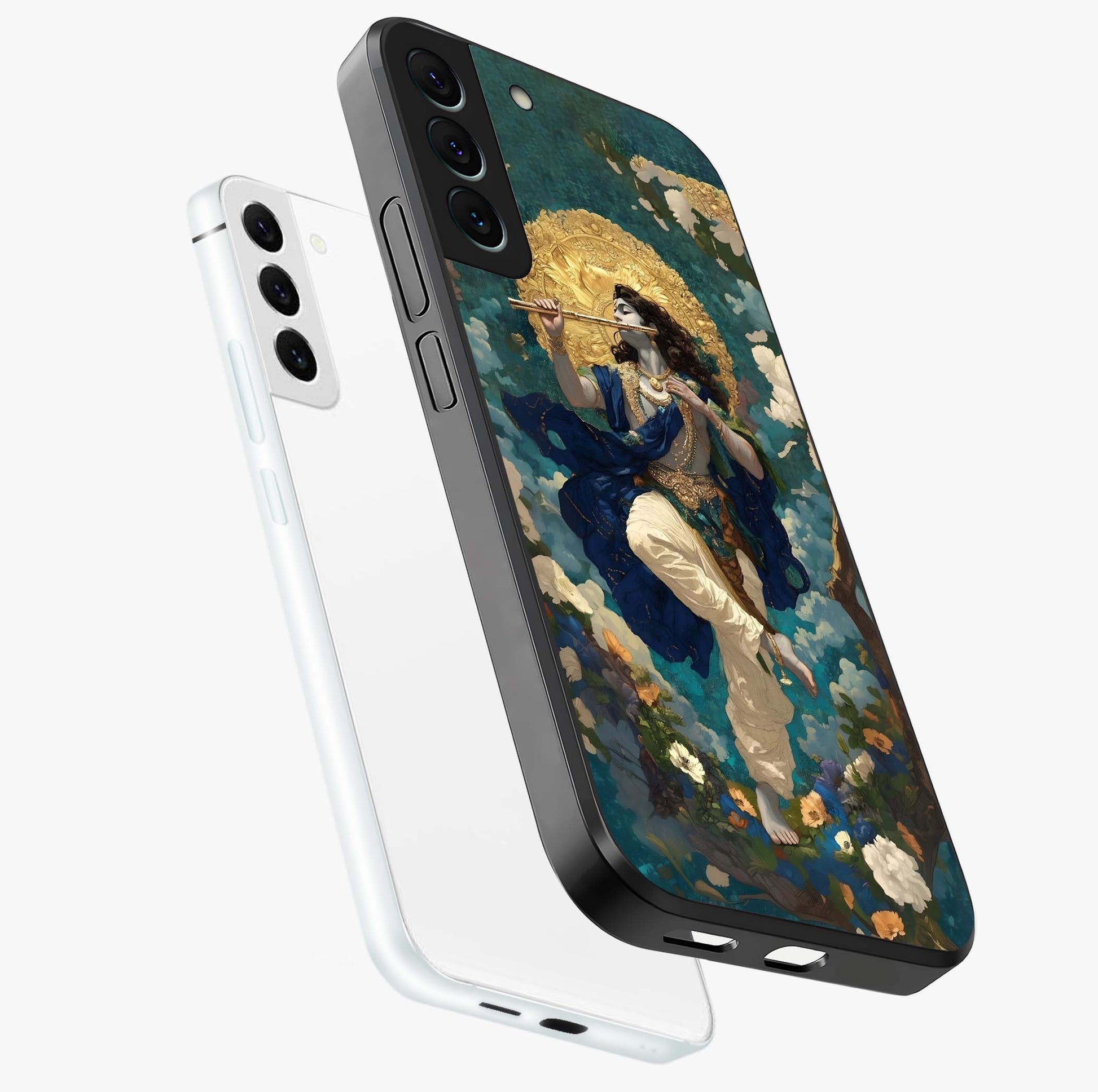 Divine Krishna Art Glass Case displayed in angled mockup highlighting spiritual Krishna illustration with devotional aesthetic.