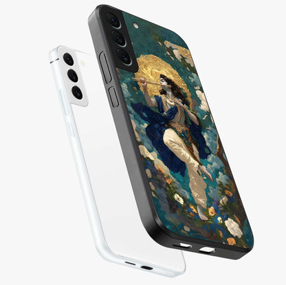 Divine Krishna Art Glass Case displayed in angled mockup highlighting spiritual Krishna illustration with devotional aesthetic.