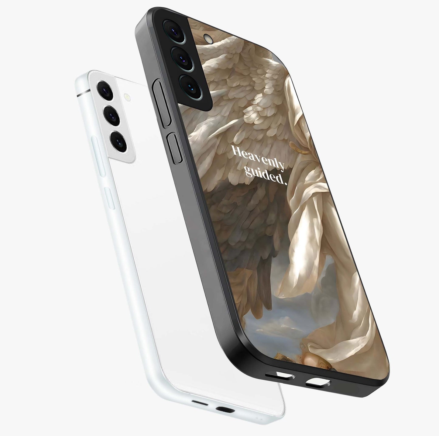Divine Winged Grace Glass Case displayed in angled mockup highlighting graceful wing design with divine aesthetic style.