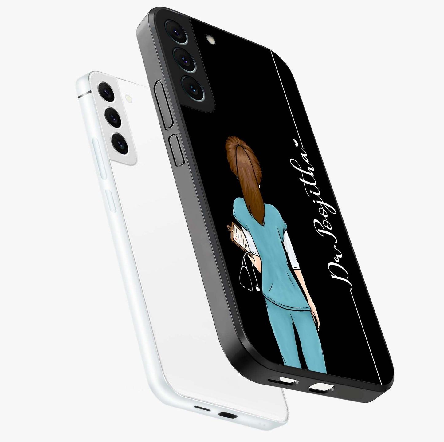 Doctor Pattern Custom Name Glass Case displayed in angled mockup highlighting doctor inspired artwork with custom name feature.