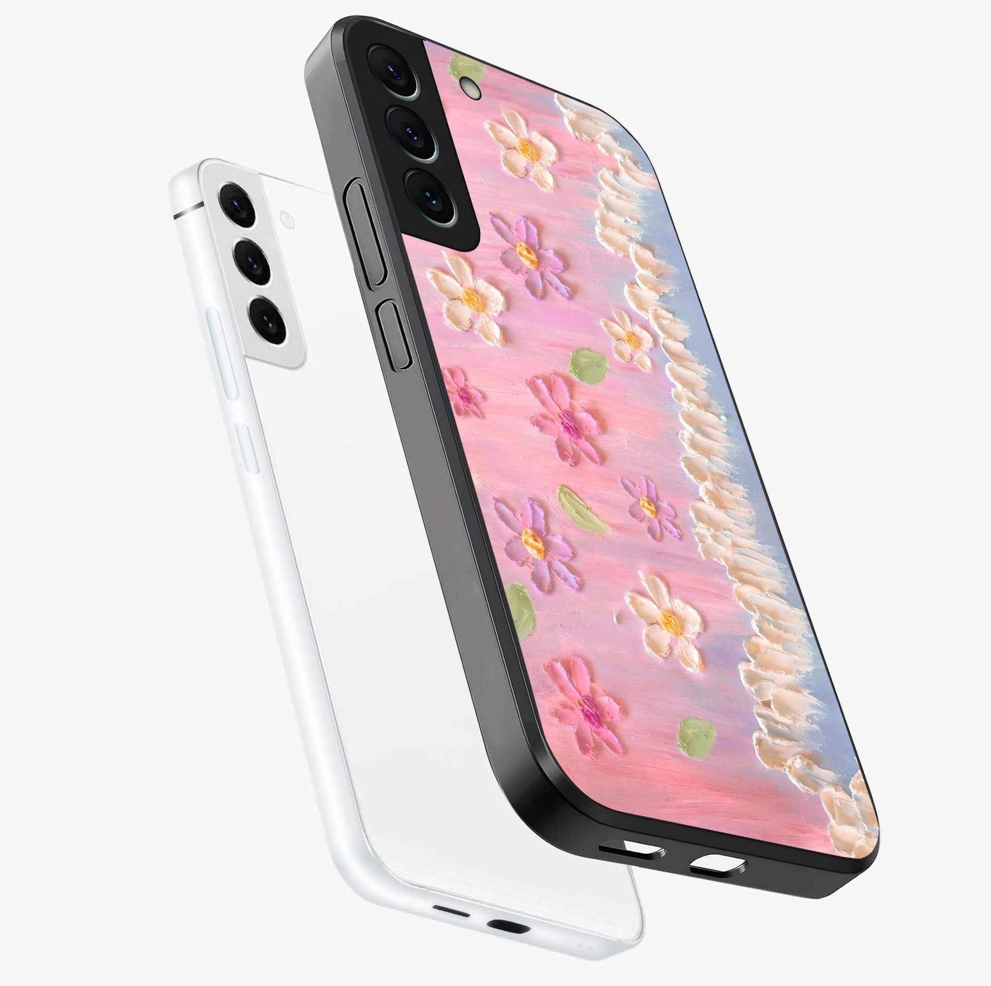 Dreamy Painted Garden Glass Case displayed in angled mockup highlighting colorful garden illustration with dreamy aesthetic style.
