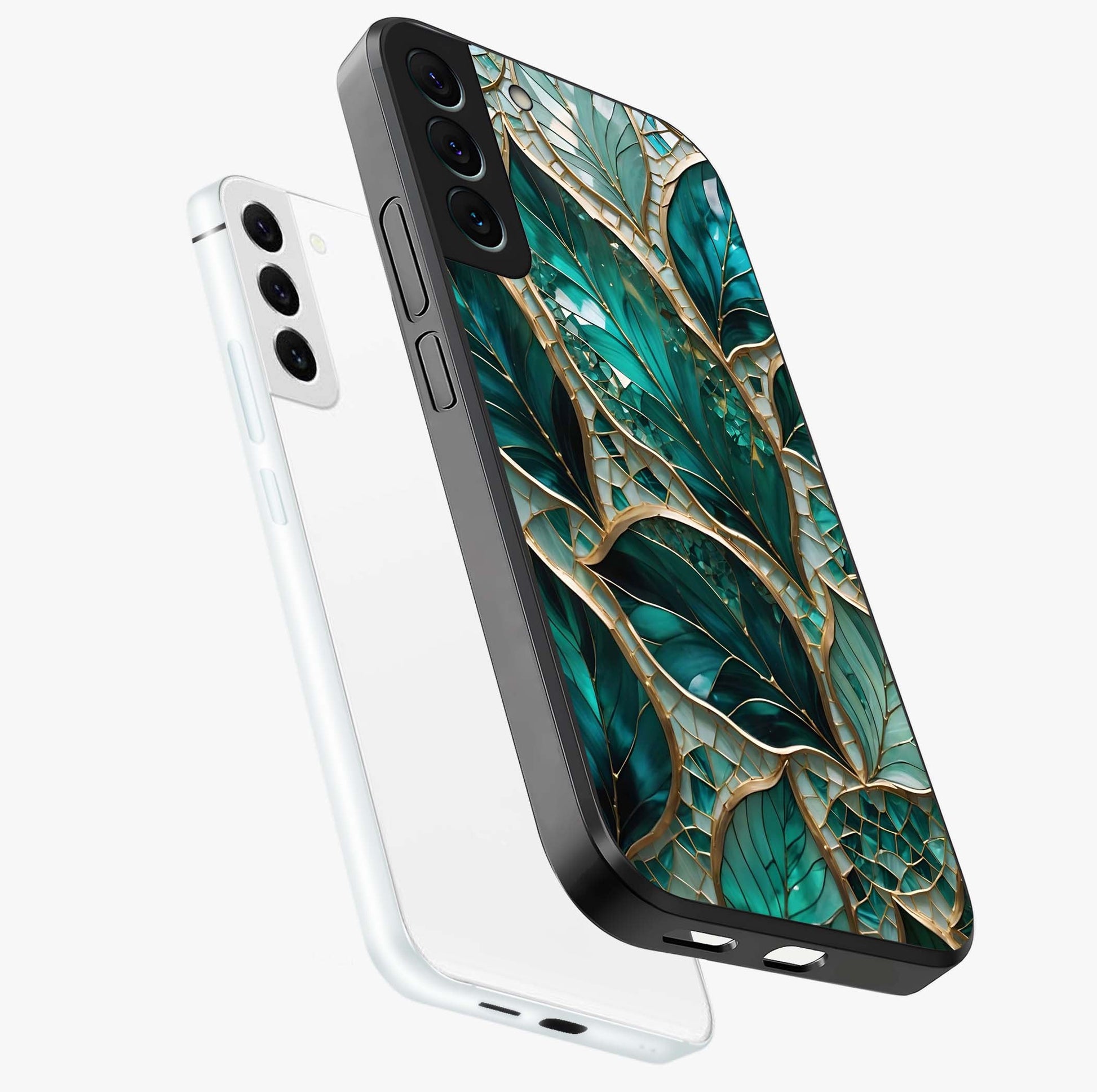 Emerald Leaf Glass Glass Case displayed in angled mockup highlighting botanical leaf illustration with elegant natural aesthetic.